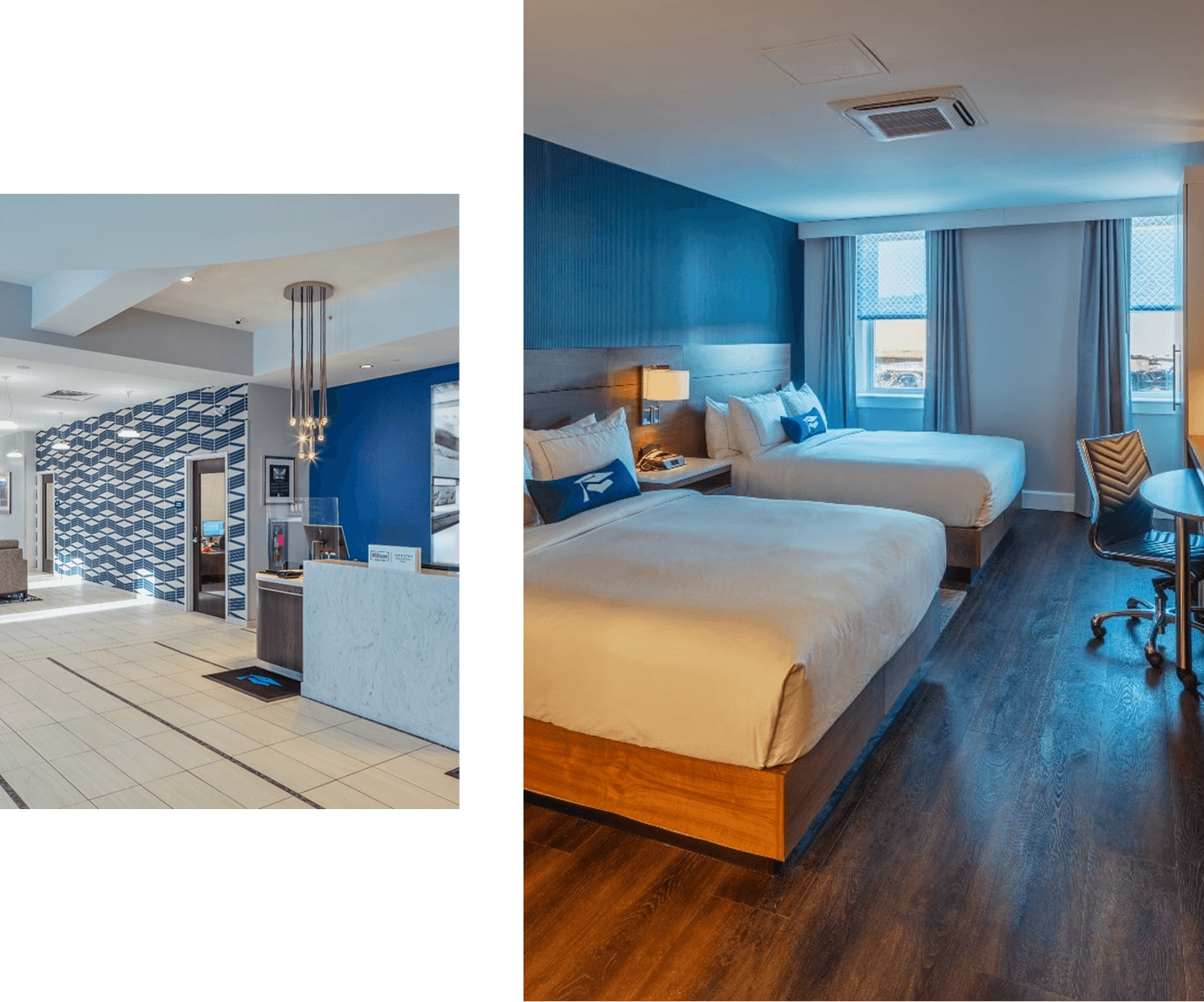 Modern hotel reception and double bedroom.