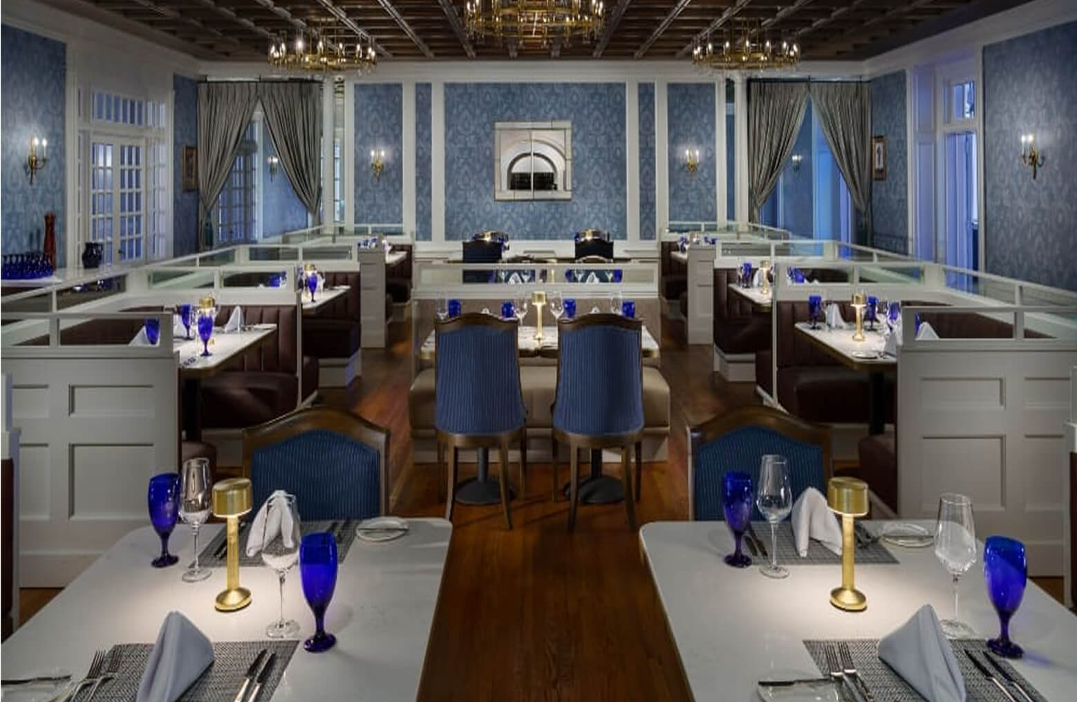 Elegant restaurant dining room with blue accents.