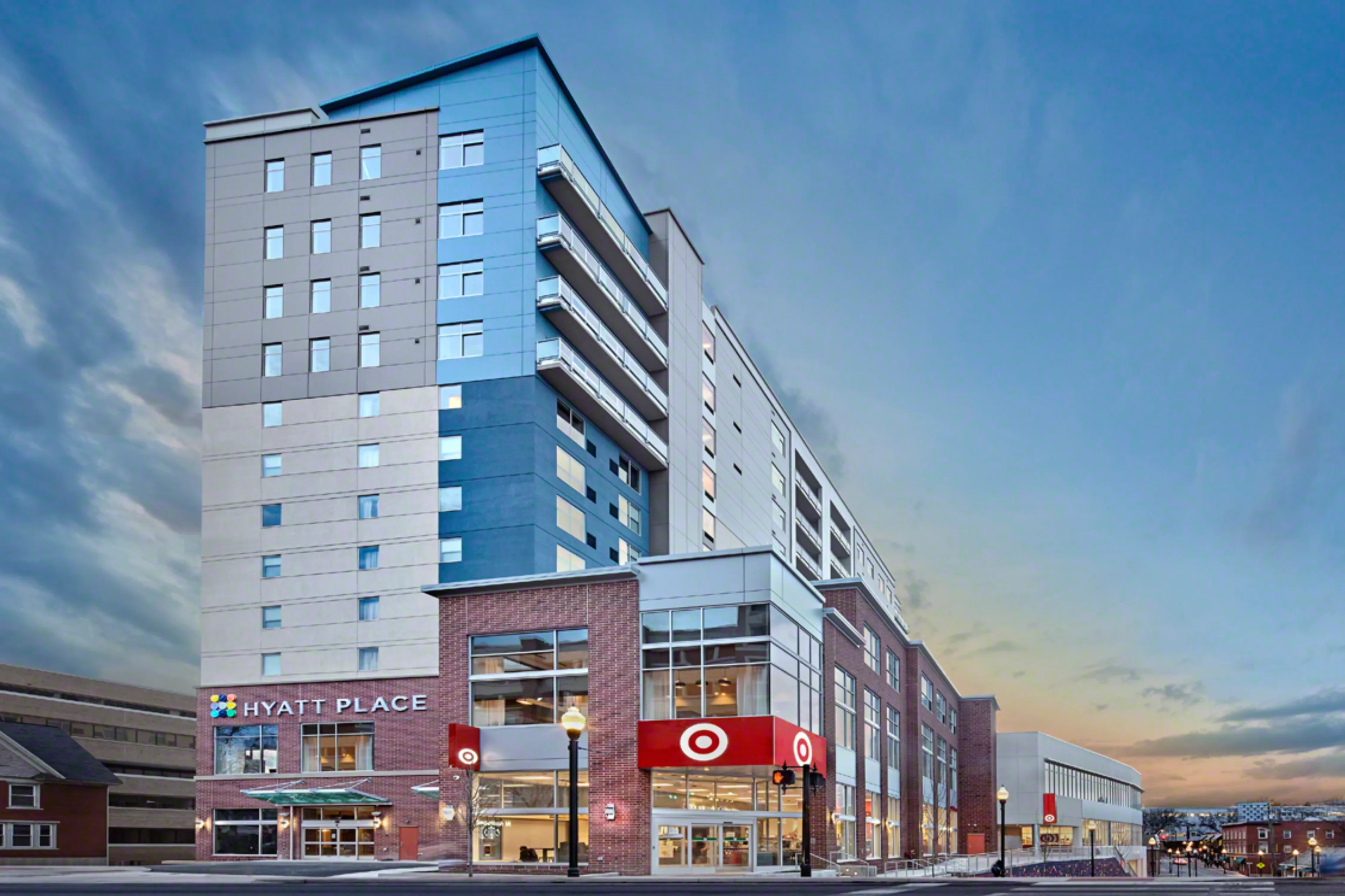 Multi-story building with Hyatt and Target.