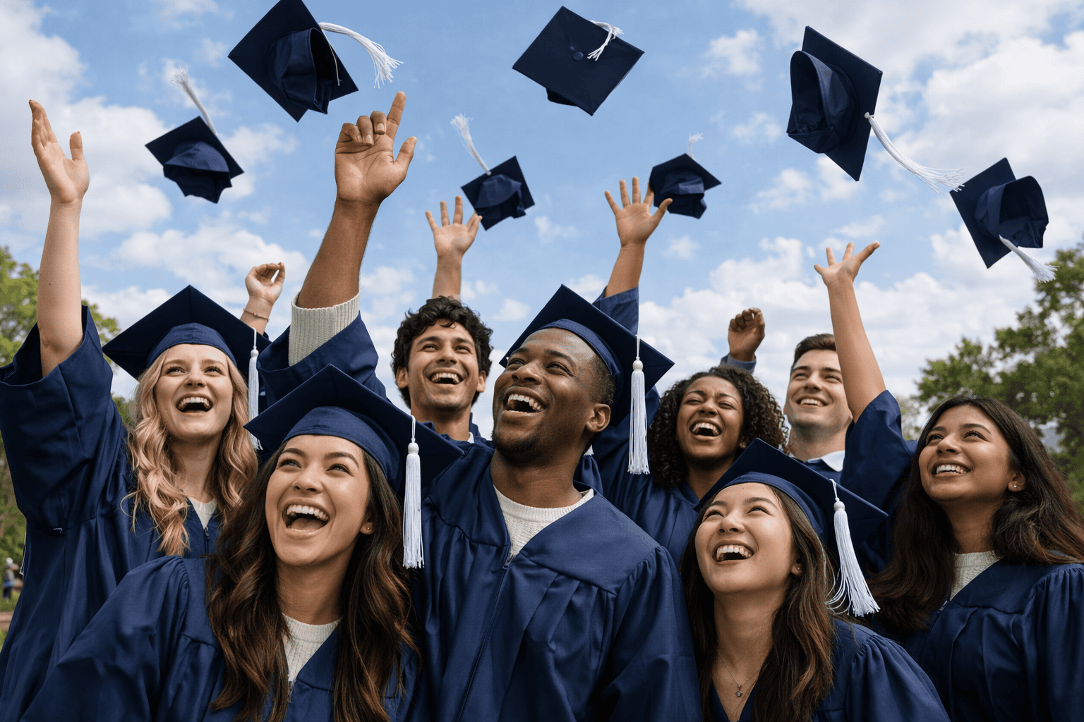 Graduates celebrating, tossing caps into sky.