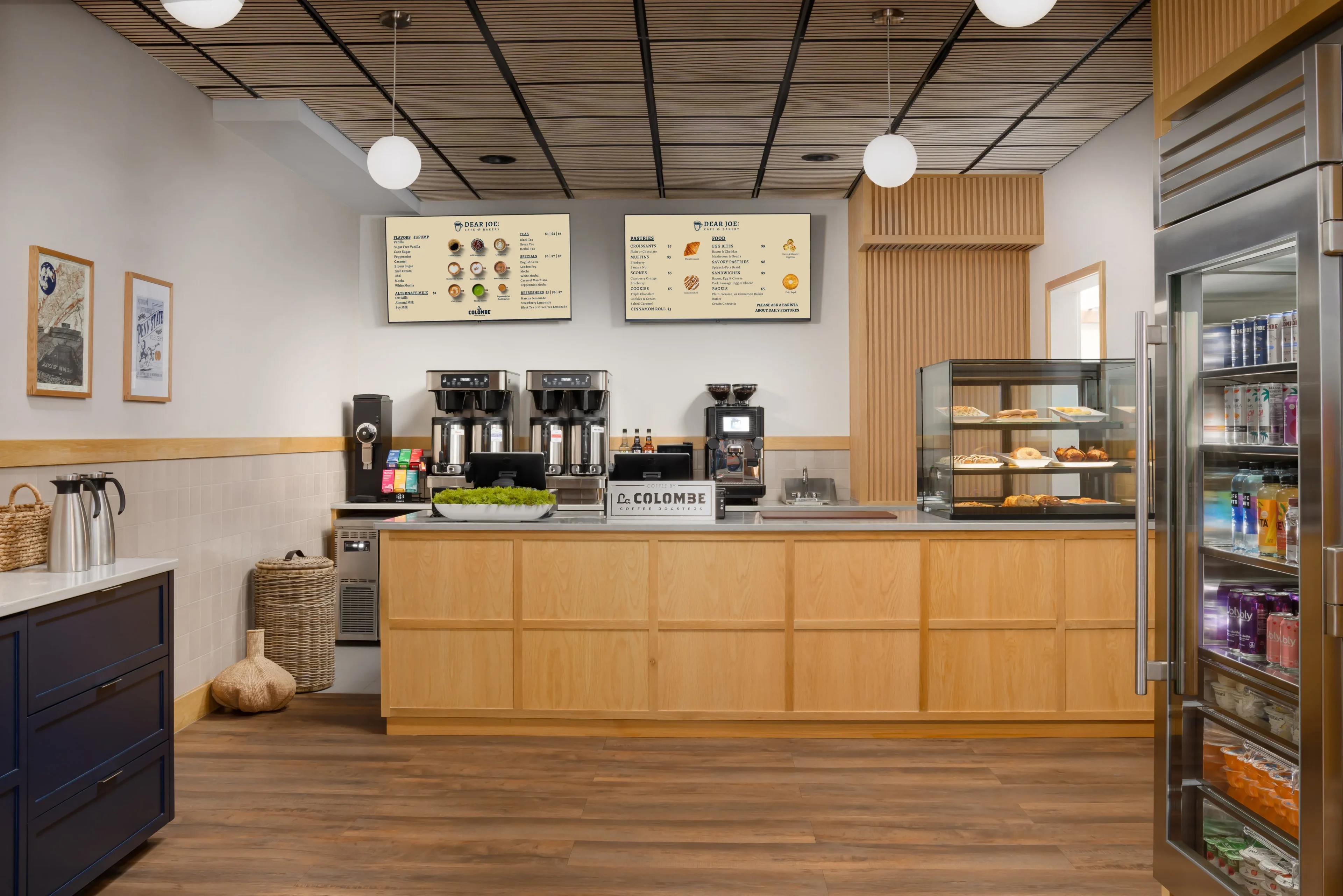 Coffee shop interior with counter and menu.