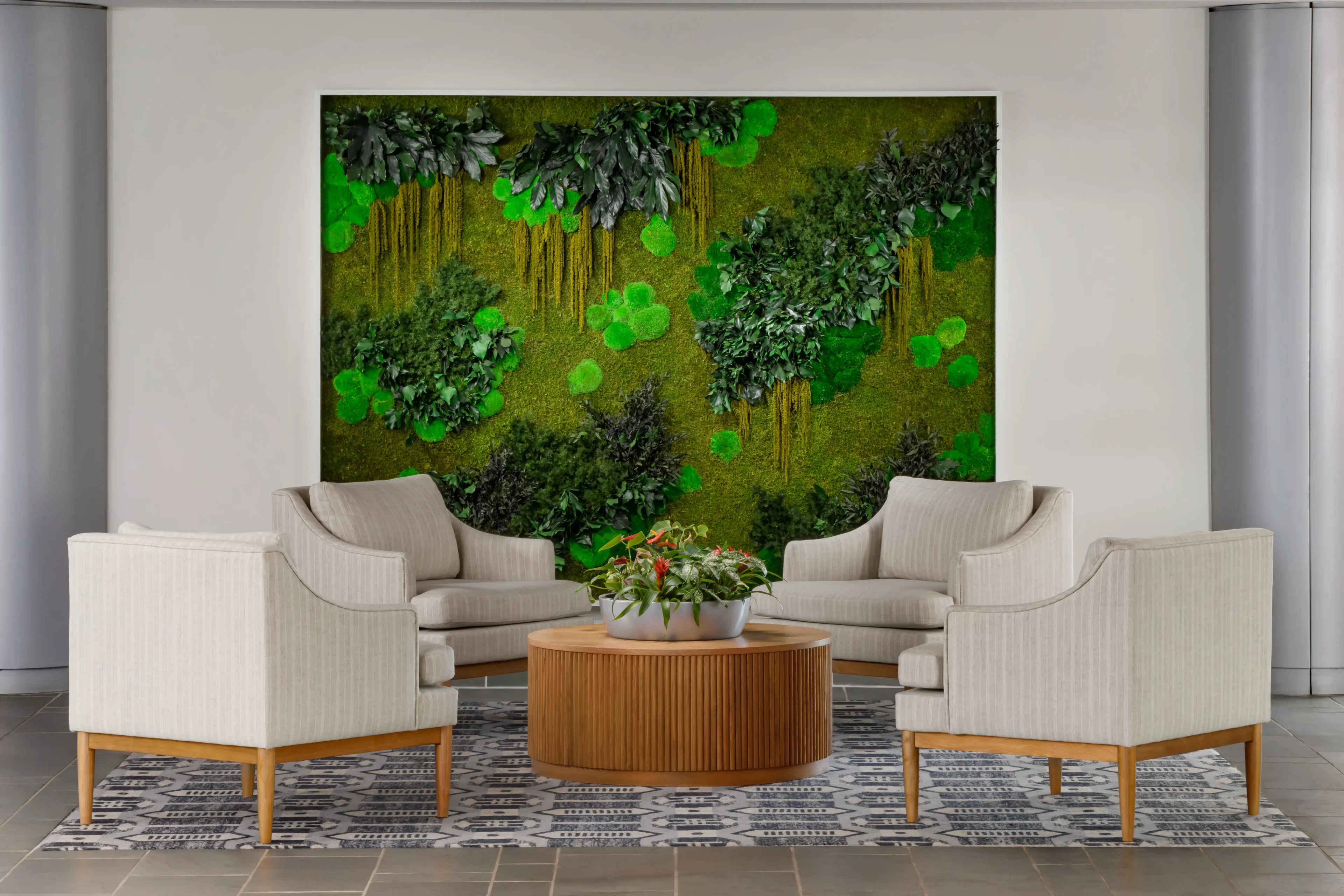 Modern lounge with vertical garden wall.