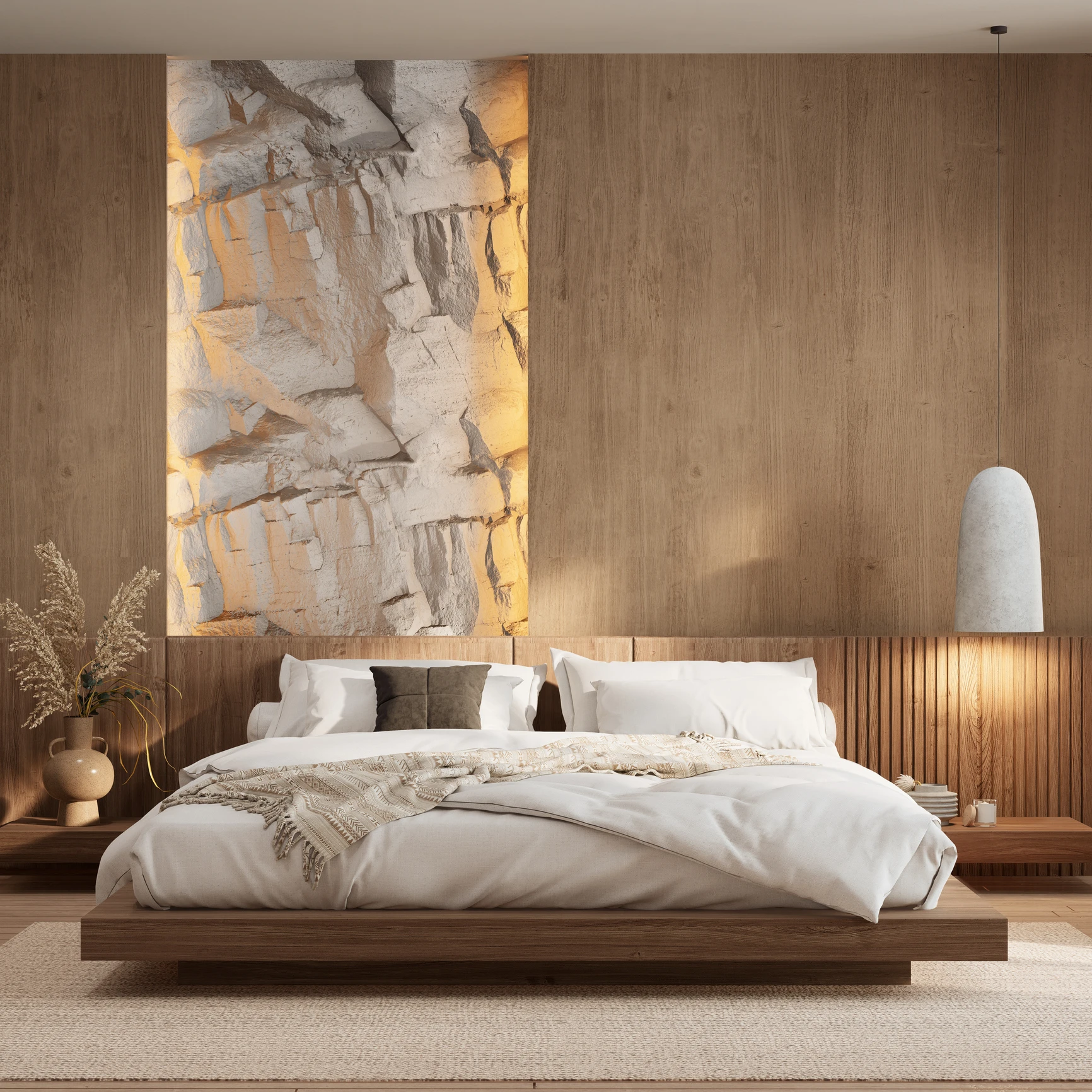 Modern bedroom with wooden accent wall.