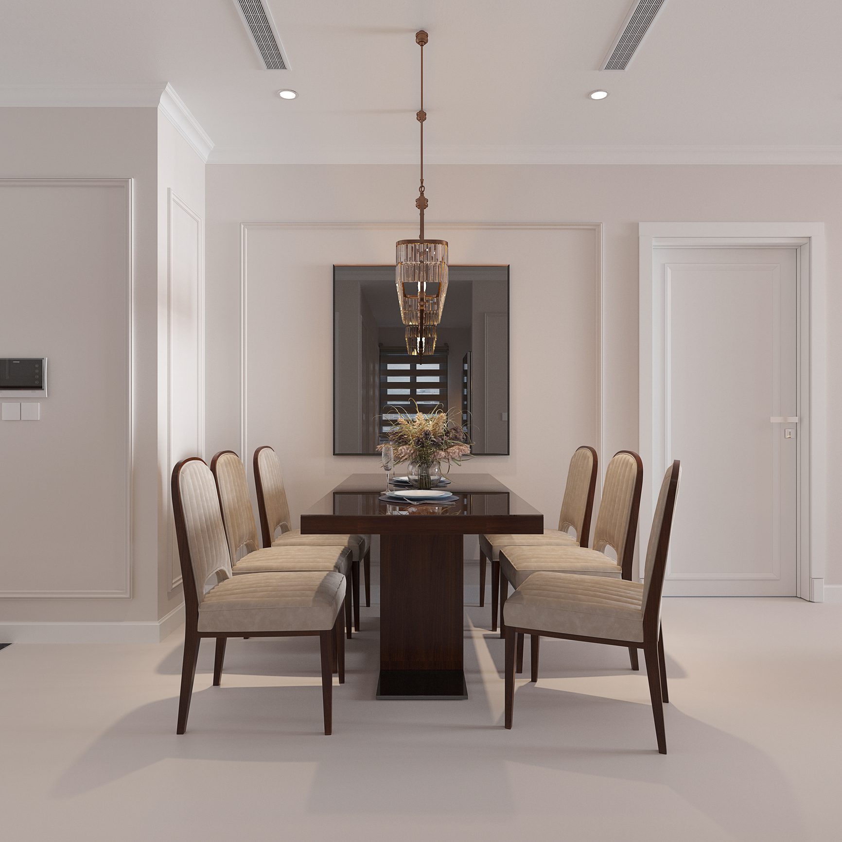 Modern dining room with elegant chandelier.