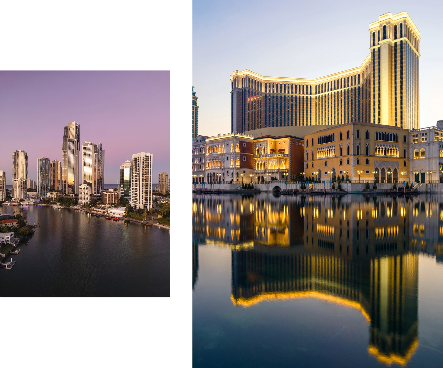 City skyline and illuminated waterfront building.