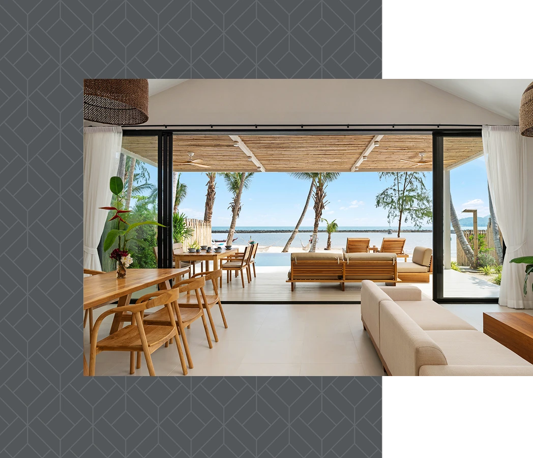 Open-air living room with ocean view.