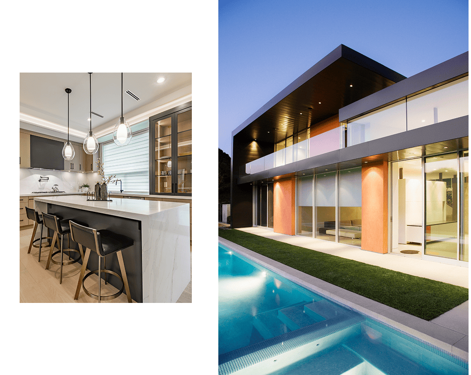 Modern kitchen and luxury house with pool.