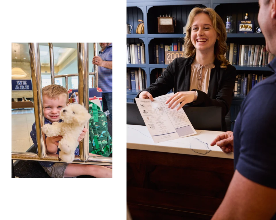 Child with toy; woman handing papers.