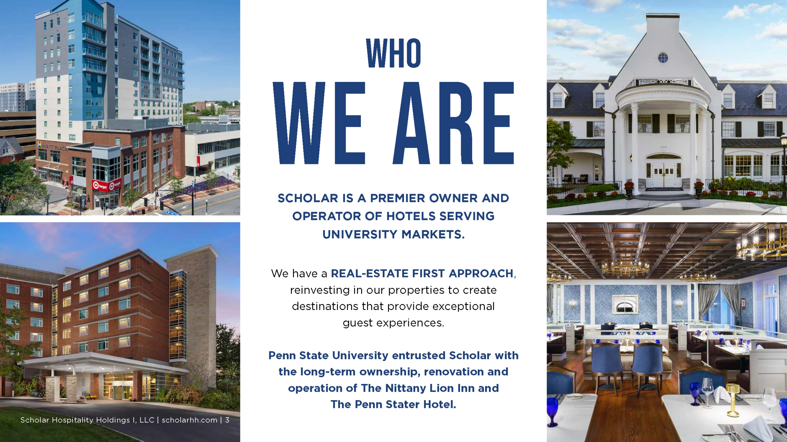 University hotels overview with various building images.