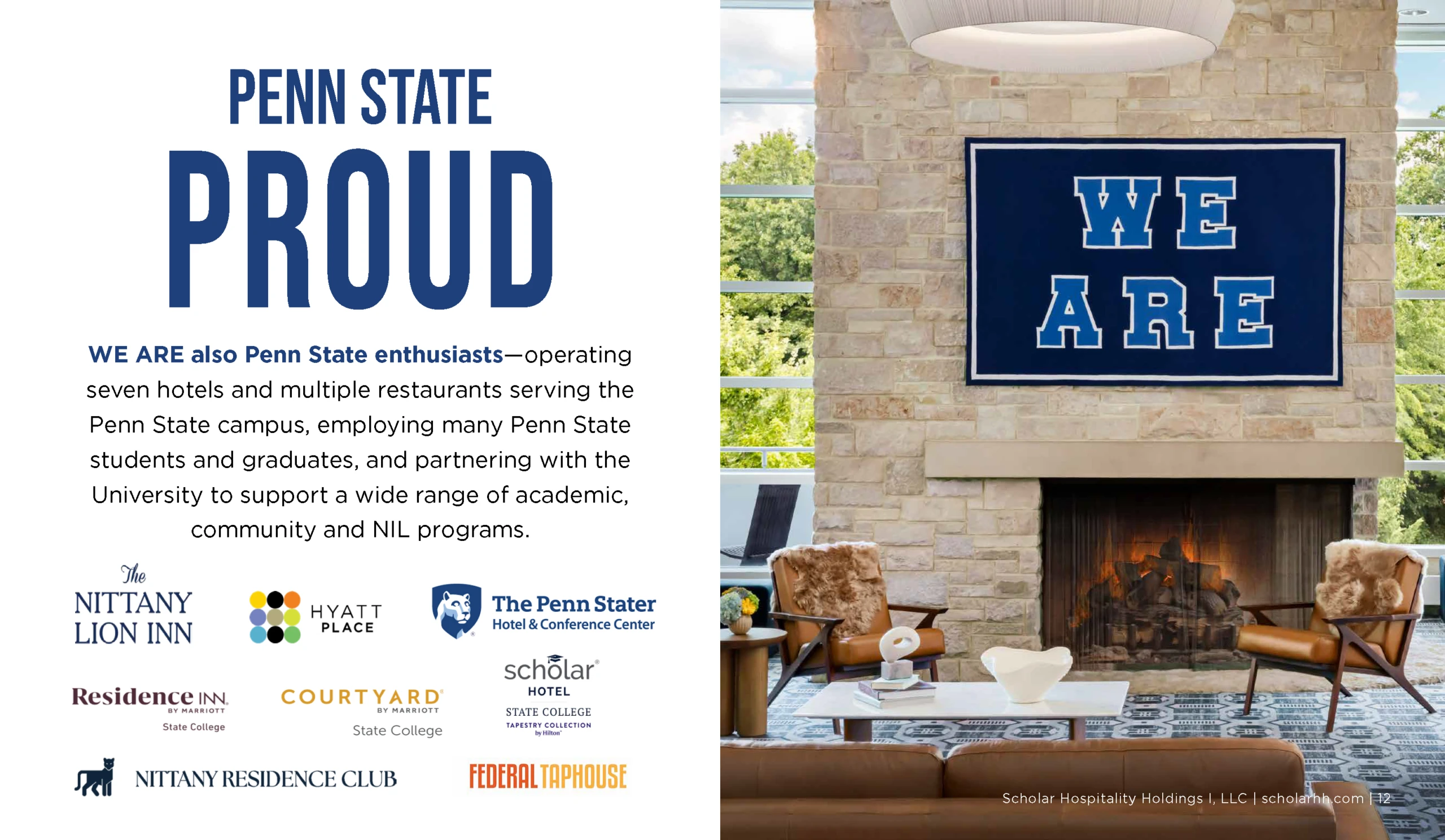 Penn State Proud promotional display with fireplace.