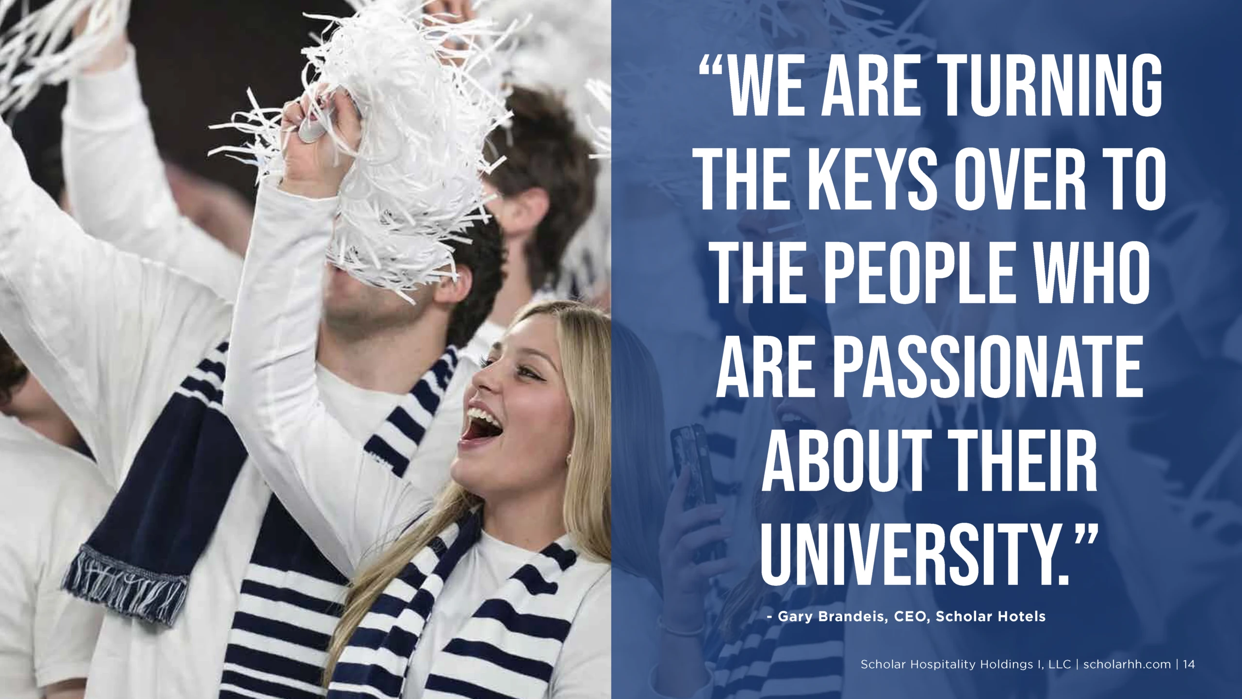 Cheering crowd with motivational university quote.